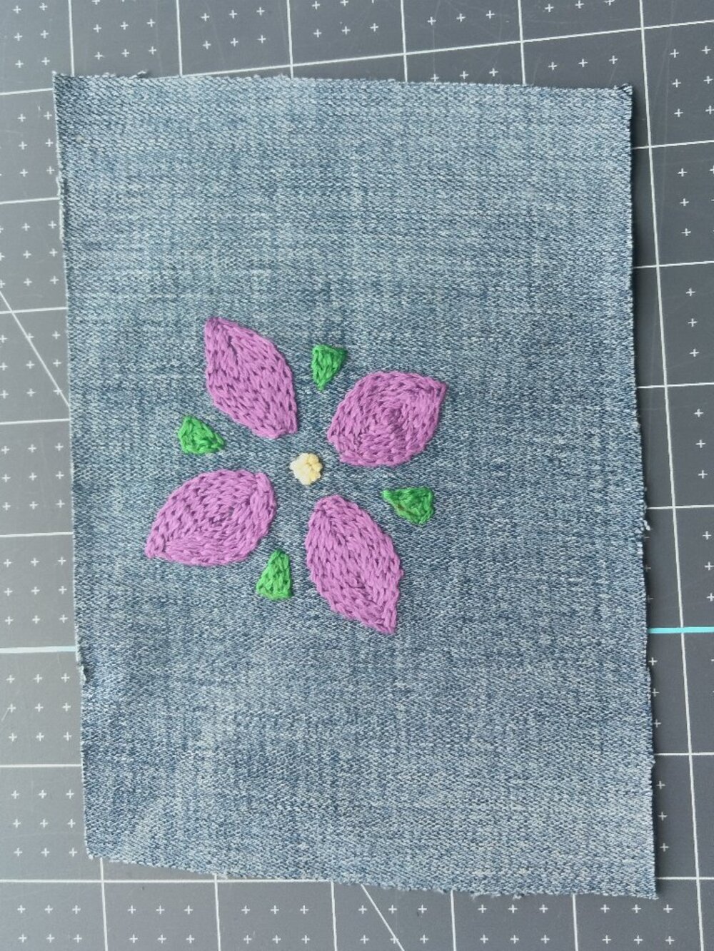 Patch for Visible Mending, Hand Embroidered, Sew OR Iron-On, Flower, Denim, OOAK